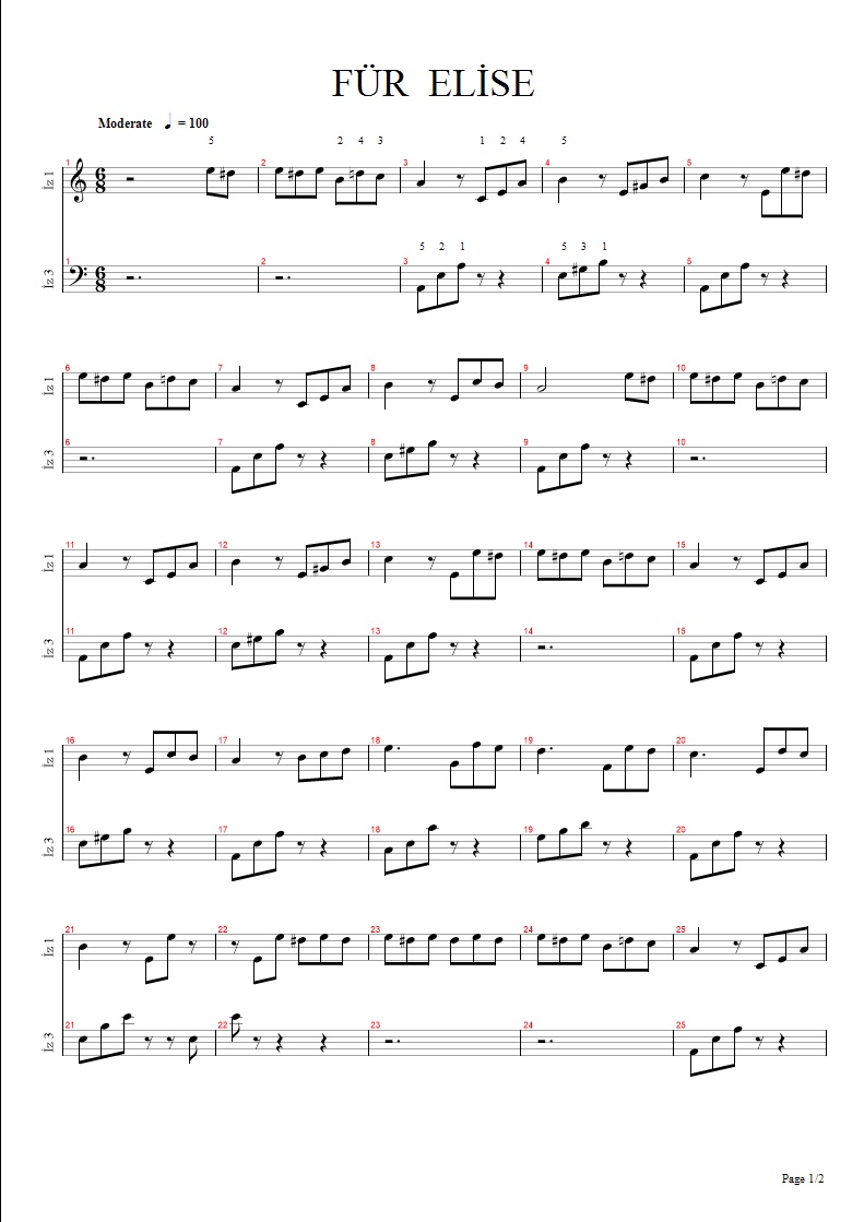 für elise piyano notaları 1