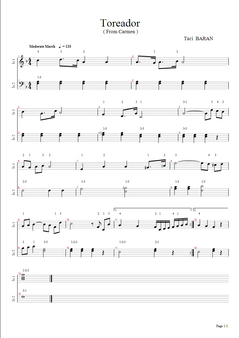 Toreador-Carmen Piyano Notaları