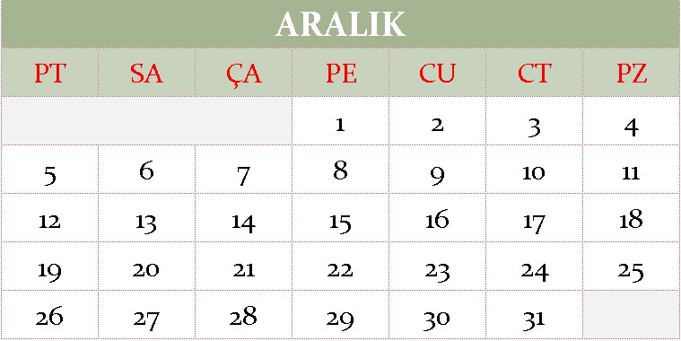 Aralık ayı 2022 takvimi