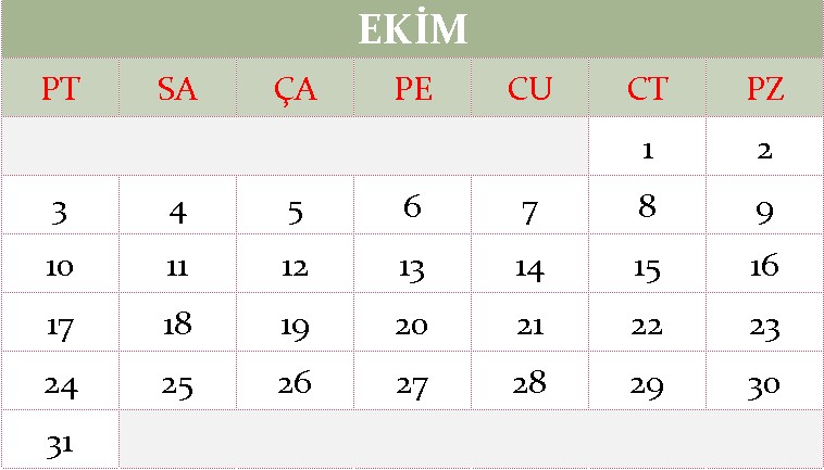 Ekim ayı 2022 takvimi