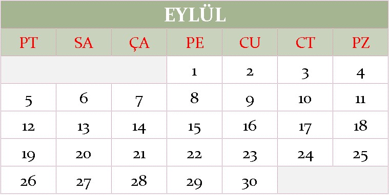 Eylül ayı 2022 takvimi