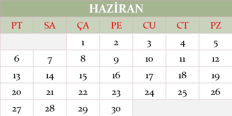 Haziran ayı 2022 takvimi