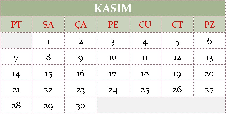 Kasım ayı 2022 takvimi