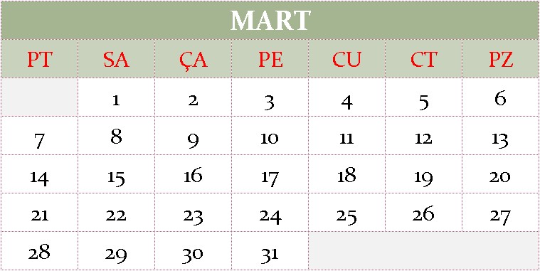 Mart ayı 2022 takvimi