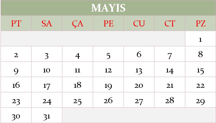 Mayıs ayı 2022 takvimi