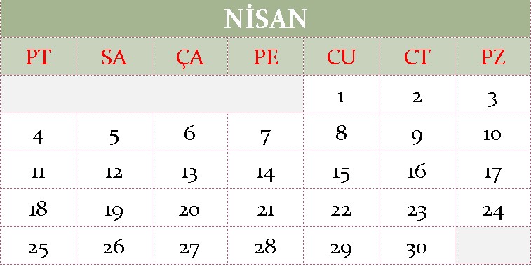 Nisan ayı 2022 takvimi