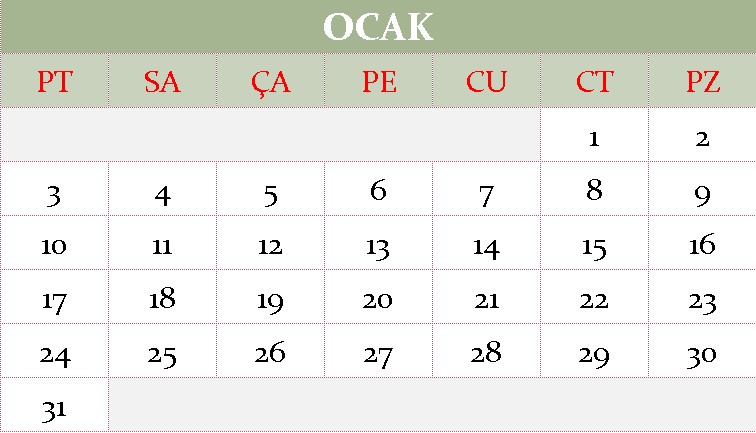 Ocak ayı 2022 takvimi