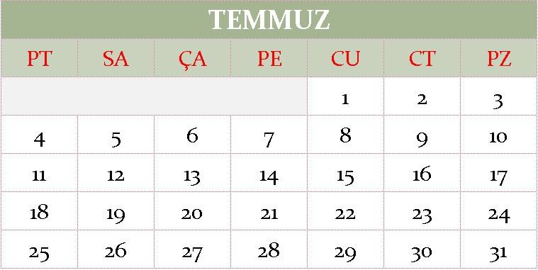 Temmuz ayı 2022 takvimi