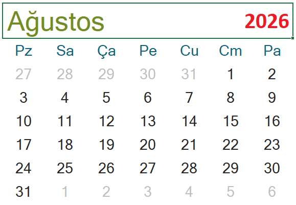 2026 Ağustos ayı takvimi