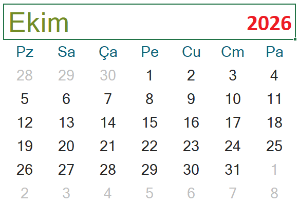 2026 Ekim ayı takvimi