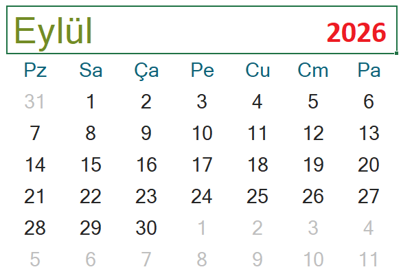 2026 Eylül ayı takvimi