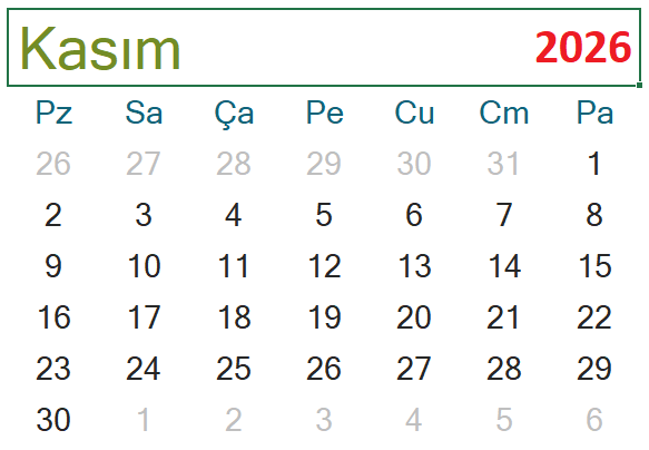 2026 Kasım ayı takvimi
