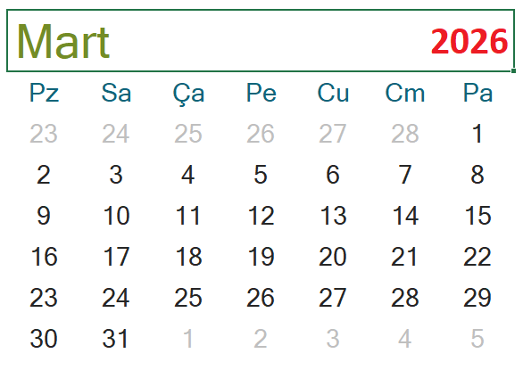 2026 Mart ayı takvimi