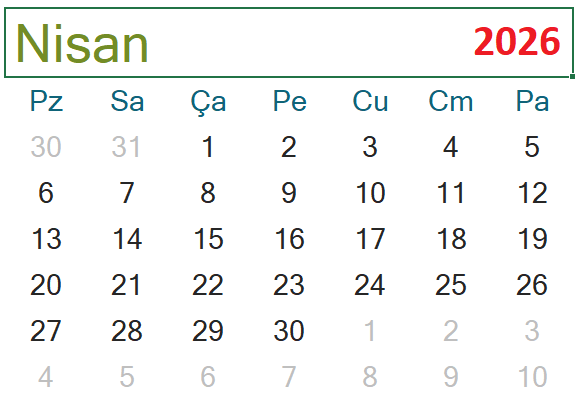 2026 Nisan ayı takvimi