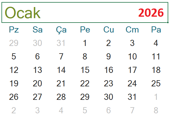 2026 Ocak ayı takvimi