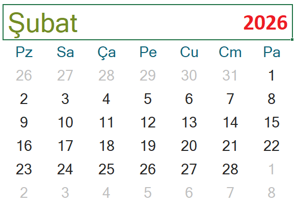 2026 Şubat ayı takvimi